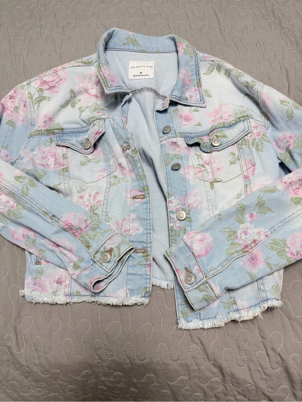 Celebrity Pink Light Wash Floral Denim Jacket - Pink & Green